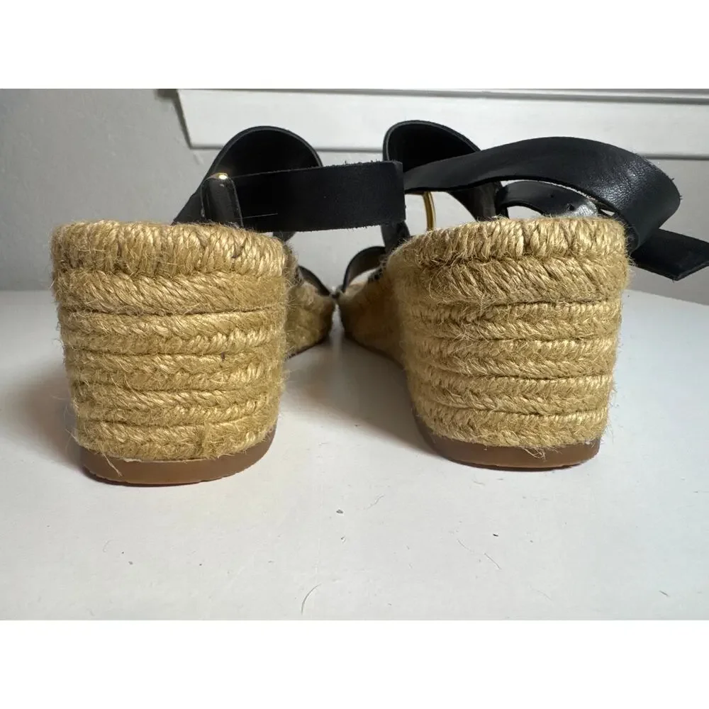Lauren Ralph Lauren Black Espadrille Wedge Sandals 100% Leather Bena Womens 8